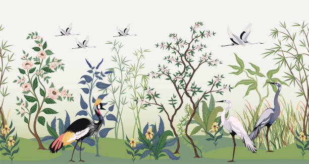 ilustraciones, imágenes clip art, dibujos animados e iconos de stock de papel pintado de jardín chinoiserie. patrón horizontal oriental tradicional con elementos botánicos y aves. bambú y árboles en flor. animales y flores. naturaleza asiática. fondo vectorial - traditional culture heron bird animal