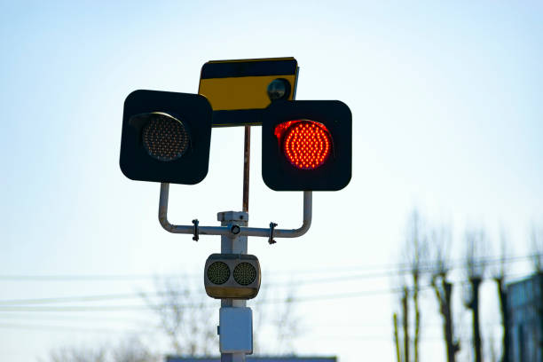 top signal on the railway semaphore. Red traffic light. Selective focus