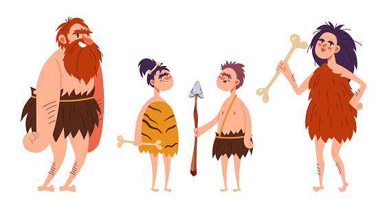 Caveman family people characters isolated cartoon illustration set