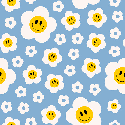 Retro groovy seamless pattern with smiling flowers on a blue background. Cute colorful trendy vector illustration in style 70s, 80s