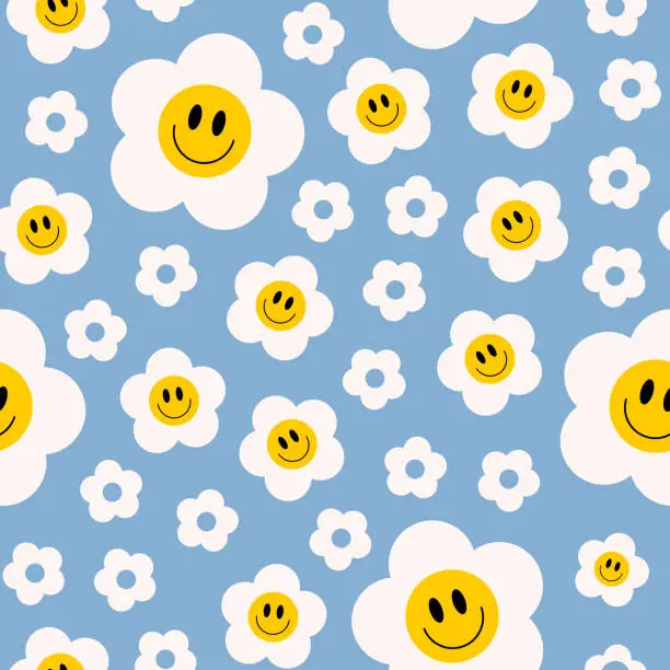 Vector illustration of Retro groovy seamless pattern with smiling flowers on a blue background