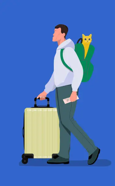 Vector illustration of Vector detailed character of traveler with his pet.  Traveler with cat and luggage.