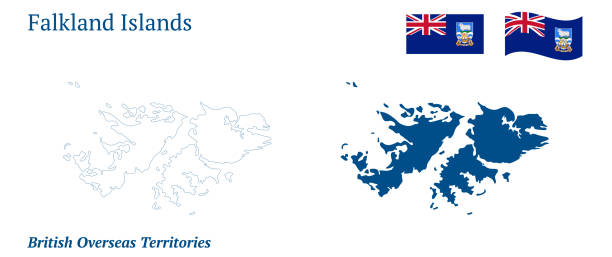 falklandinseln karte. britisches überseegebiet im südatlantik. malwineninseln. detaillierte blaue kontur und silhouette. länderflagge. satz von vektorkarten. alles isoliert auf weißem hintergrund. vorlage für design. - falkland islands stock-grafiken, -clipart, -cartoons und -symbole