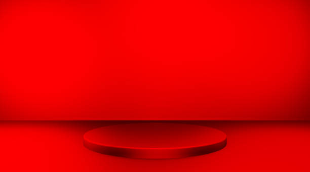 istock Red stage background. Abstract pedestal product presentation platform, podium stand 1386709427