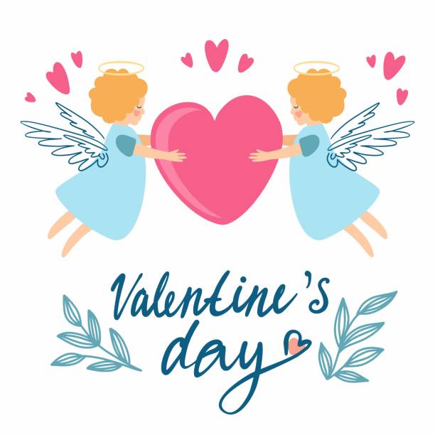 Happy Valentines Day. Two Angels And Heart. Symbol Of Love Illustrations,  Royalty-Free Vector Graphics & Clip Art - iStock