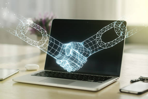 Creative abstract block chain technology sketch with handshake on modern laptop background, future technology and blockchain concept. Double exposure stock photo