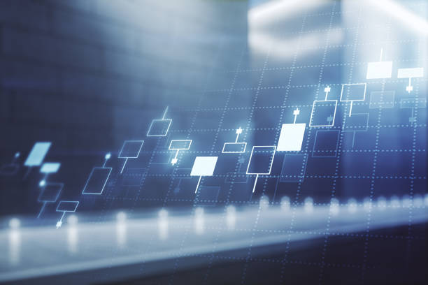 istock Abstract virtual financial graph hologram on blurry modern office building background, forex and investment concept. Multiexposure 1386710740