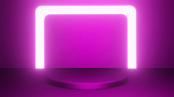 istock Abstract product presentation platform, podium stand with neon lights 1386713304