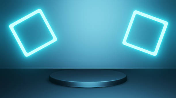 istock Abstract product presentation platform, podium stand with neon lights 1386713399