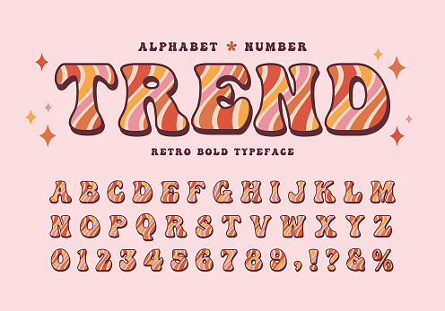 Groovy retro wave swirl alphabet and number. Decorative pattern font. Seventies nostalgic typographic. Vintage 60s, 70s bold typeface for poster, graphic print, design layout, merchandise, etc.