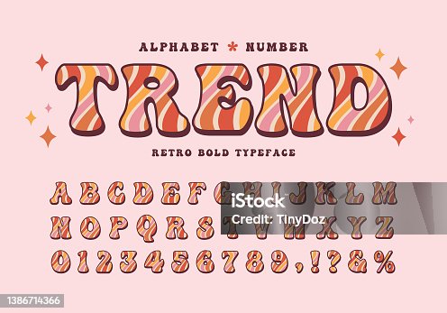 istock Groovy retro wave swirl alphabet and number. 1386714366
