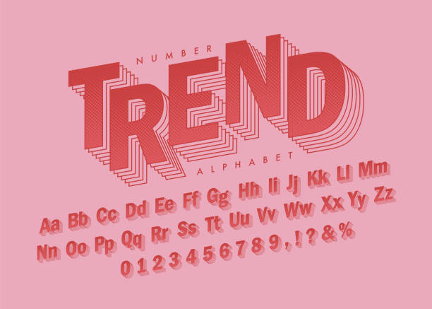 red halftone retro vintage angle layered font and number - daktilo yazısı stock illustrations