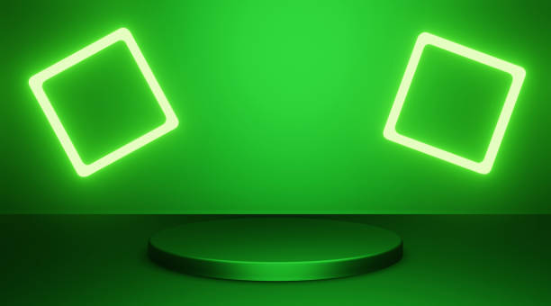 istock Abstract product presentation platform, podium stand with neon lights 1386714428