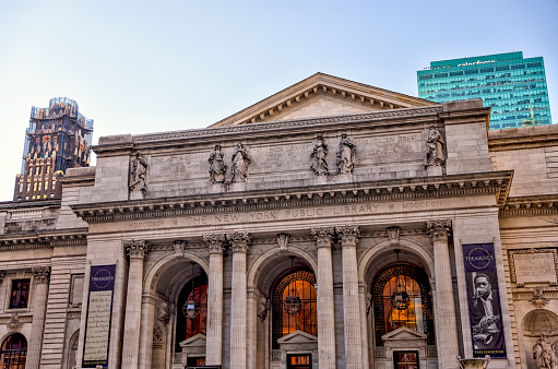 New York, New York - February 18, 2022: Front entrance to the main branch of New York Public Linbrary on 5th Avenue in Manhattan