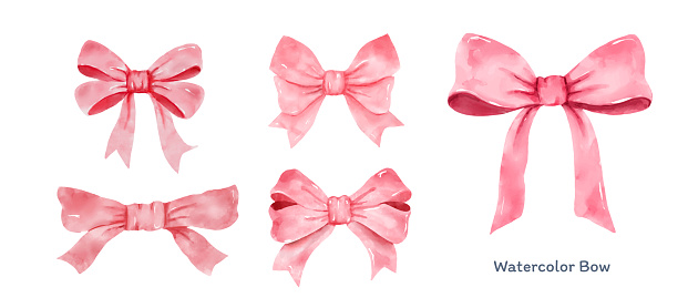 Set of Pink gift bow in watercolor style isolated on white background. Hand drawing decorative bow elements vector illustration.
