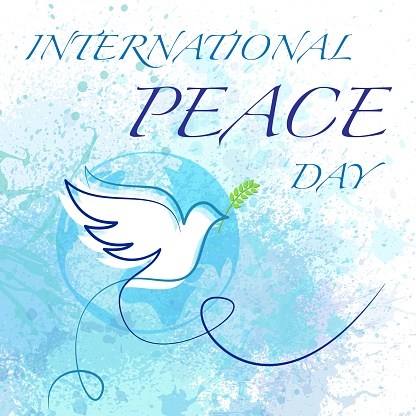 Grunge watercolour background with ink blots. International peace day wallpaper with white dove silhouette and lines