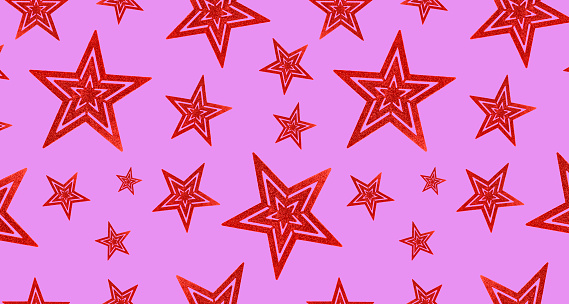 Seamless pattern with red stars on a purple background.