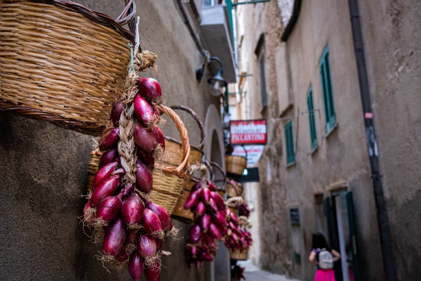 Exploring streets of Tropea Tropea onions hung in the street wall in tipycal street of tropea town red white blue bike stock pictures, royalty-free photos & images