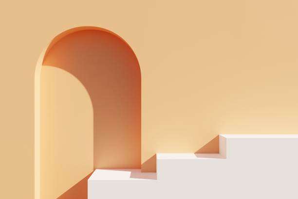 istock Beige wall with entrance and white steps on sunlight background 3d illustration 1386720446