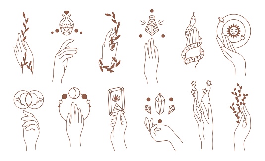 hands. Abstract hand drawn magic woman hands, doodle magic feminine symbols. Vector set illustration golden hand women magic symbol