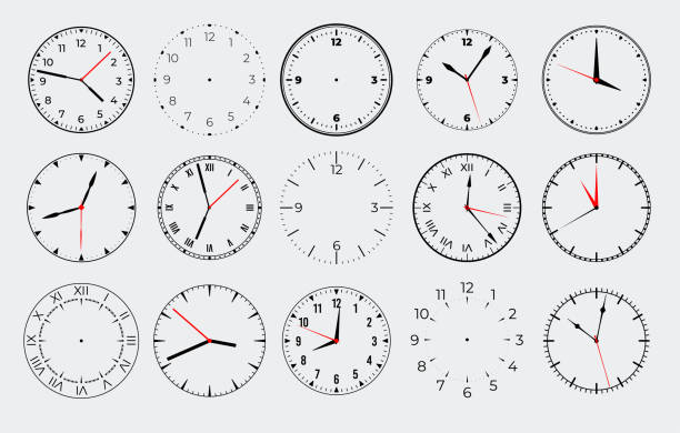 ilustraciones, imágenes clip art, dibujos animados e iconos de stock de esfera del reloj circular. reloj con marcas numéricas y flechas. conjunto vectorial aislado - clock clock face blank isolated