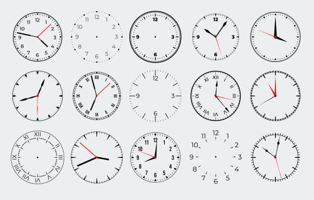 illustrations, cliparts, dessins animés et icônes de cadran de montre circle. horloge avec des marques de chiffres et des flèches. ensemble isolé vectoriel - chronographe