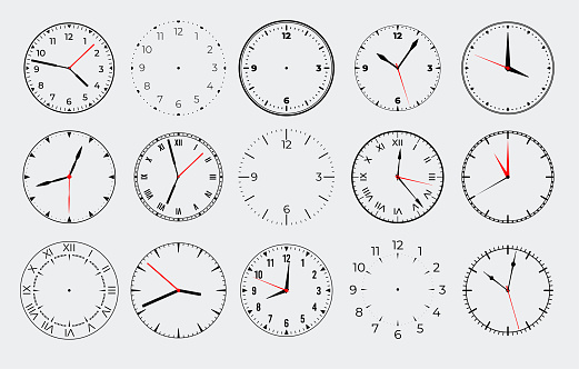 Circle watch face. Clock with marks numbers and arrows. Vector isolated set image design dials watch