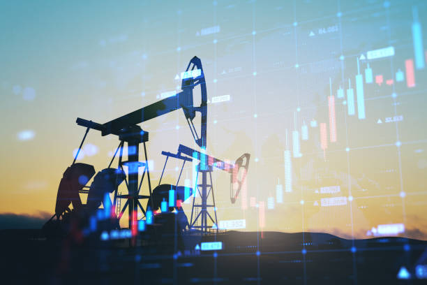 istock Abstract backlit oil pumping equipment on sky background with glowing growing candlestick forex chart. Trade, finance and economy concept. Double exposure. 1386722480