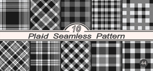 Set seamless black and white plaid pattern background. Set seamless black and white plaid pattern background. Straight and oblique scottish cage textured. Vector graphics of printing on fabric, shirt, textile, curtain and tablecloth. tsp stock illustrations