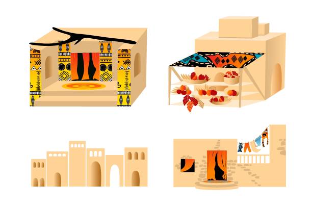 ilustraciones, imágenes clip art, dibujos animados e iconos de stock de conjunto de casas africanas y orientales, ilustración vectorial - town of egypt