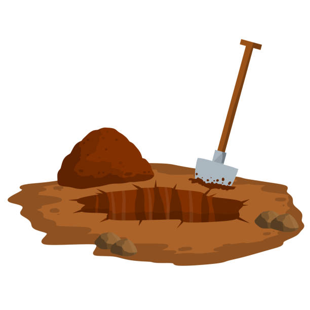 Digging a hole. Shovel and dry brown earth. Grave and excavation. Cartoon flat illustration in white background. Funeral in desert. Pile dirt and stones Digging hole. Shovel and dry brown earth. Grave and excavation. Cartoon flat illustration in white background. Funeral in desert. Pile dirt and stones shovel stock illustrations