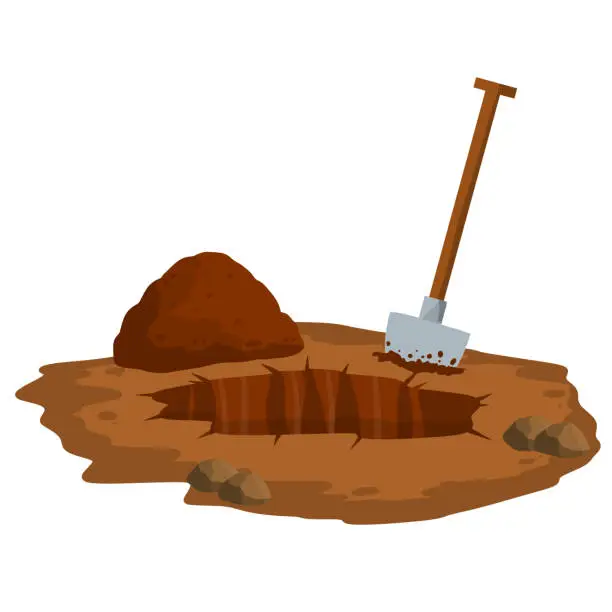 Vector illustration of Digging a hole. Shovel and dry brown earth. Grave and excavation. Cartoon flat illustration in white background. Funeral in desert. Pile dirt and stones