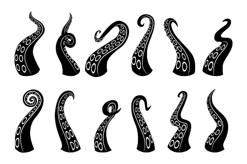 Black icons. Cartoon octopus squid and cuttlefish underwater animals arms. Vector silhouette logo illustration elements isolated tentacles marine octopus