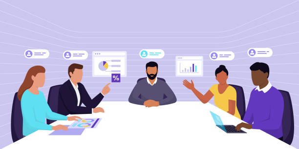Business team having a meeting in a virtual office Corporate business team having a meeting in a virtual office room: digital workspace, remote work and teamwork concept conference table stock illustrations