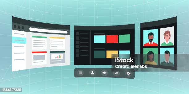 Virtual Desktop Screens With Interactive Apps Stock Illustration ...