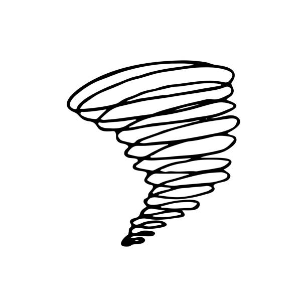 ilustraciones, imágenes clip art, dibujos animados e iconos de stock de garabato de tornado meteorológico. símbolos vectoriales de pronóstico meteorológico dibujados a mano. temporada de huracanes peligrosos, tormentas. icono de diseño web de línea delgada - hurrican