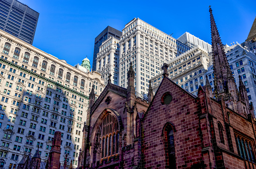 New York, New York - February 18, 2022: Exterior of Trinity Church in the Financial District in Manhattan NYC