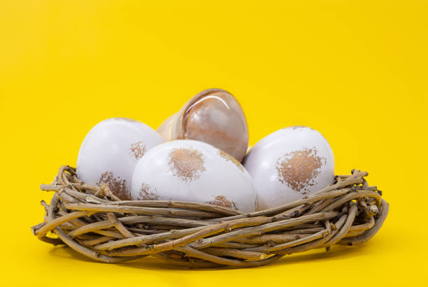 nido con huevos blancos con oro sobre fondo amarillo. pascua. espacio de copia - animal egg golden animal nest nest egg fotografías e imágenes de stock