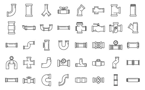 Pipe icons set outline vector. Steel valve Pipe icons set outline vector. Steel valve. Water gas pipe stock illustrations