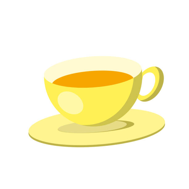 Yellow cup of tea with a saucer on a white background. Simple vector illustration for books, apps, tea packaging, coffee shops, advertising, menu design tea cup and saucer stock illustrations