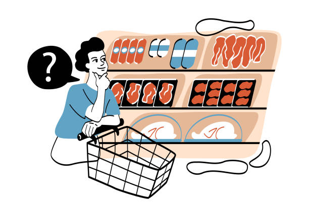 Man choose meat products Man choose meat products. People in grocery store or shop. Young guy props his head up with his hand. Pork or beef. Character with shopping cart in supermarket. Cartoon flat vector illustration beef pad stock illustrations