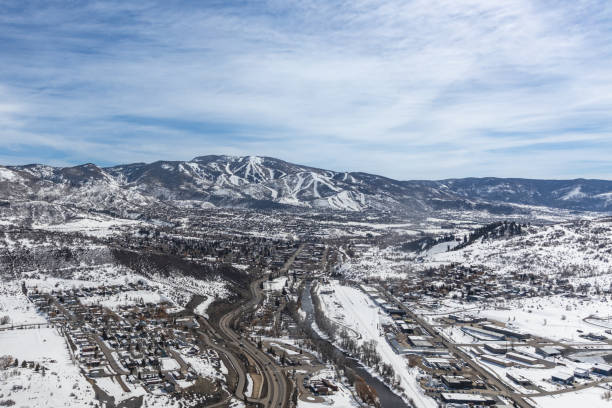 Aerial view of Steamboat Springs, Colorado, USA during Winter