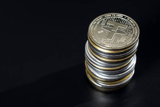 Stack of tether coins stock photo