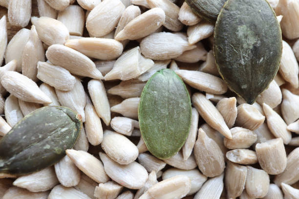 Macro photo of Sunflower And pumpkin seeds. Seeds used to make cooking oils. Seed oils