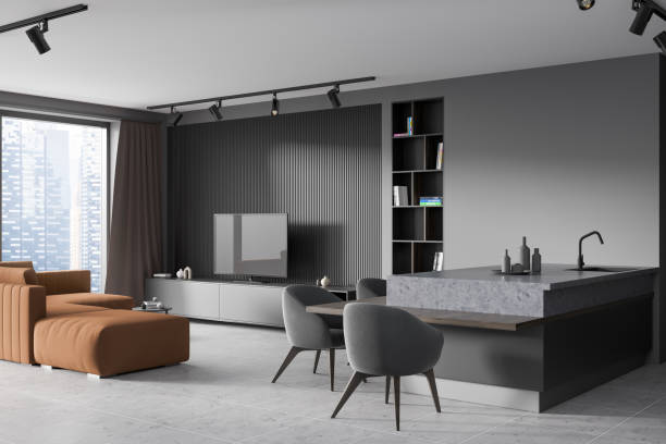 istock Grey kitchen interior with sofa and window, dining room and relaxing space 1386737687