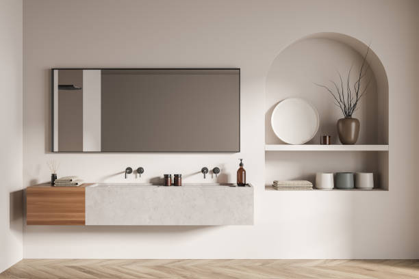 istock Modern bathroom interior with ceramic double sink, mirror. White walls, hardwood flooring. 3d rendering. 1386737774