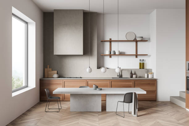 istock Dining interior with table and seats, shelves and panoramic window 1386738005