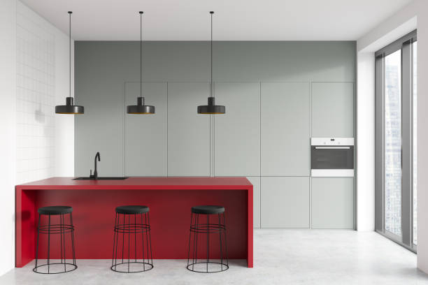 istock Bright kitchen room interior with bar counter with bar stools 1386739116
