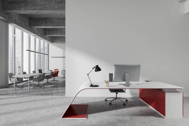 istock Business room interior with workplace, seats and table near window. Copy space 1386739319