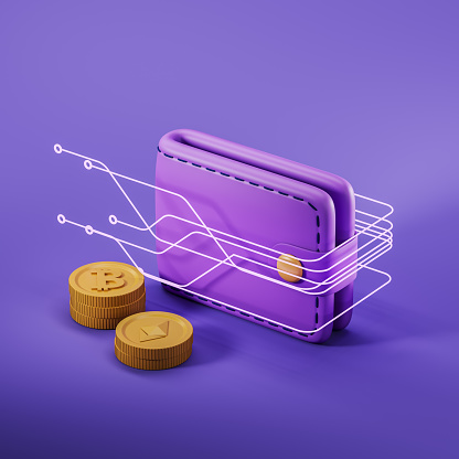 Wallet with coins, financial security on purple background. Online banking, gold coins. Concept of protection and cryptocurrency storage. 3D rendering